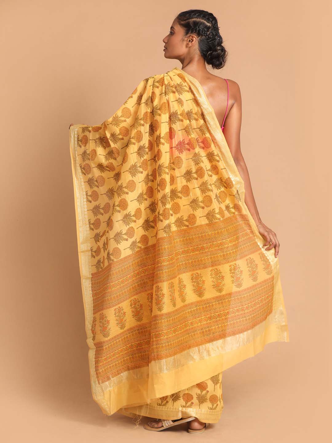 Indethnic Printed Cotton Blend Saree in Yellow - View 3