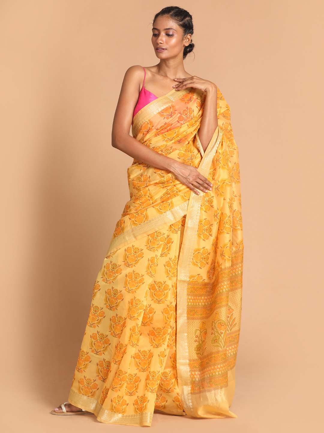 Indethnic Printed Cotton Blend Saree in Yellow - View 1