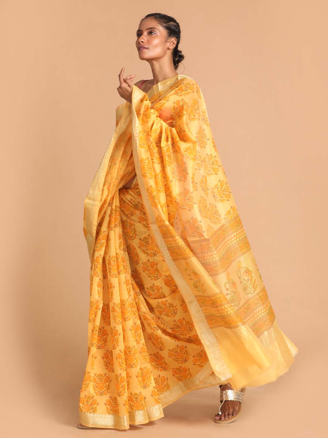 Indethnic Printed Cotton Blend Saree in Yellow - View 2