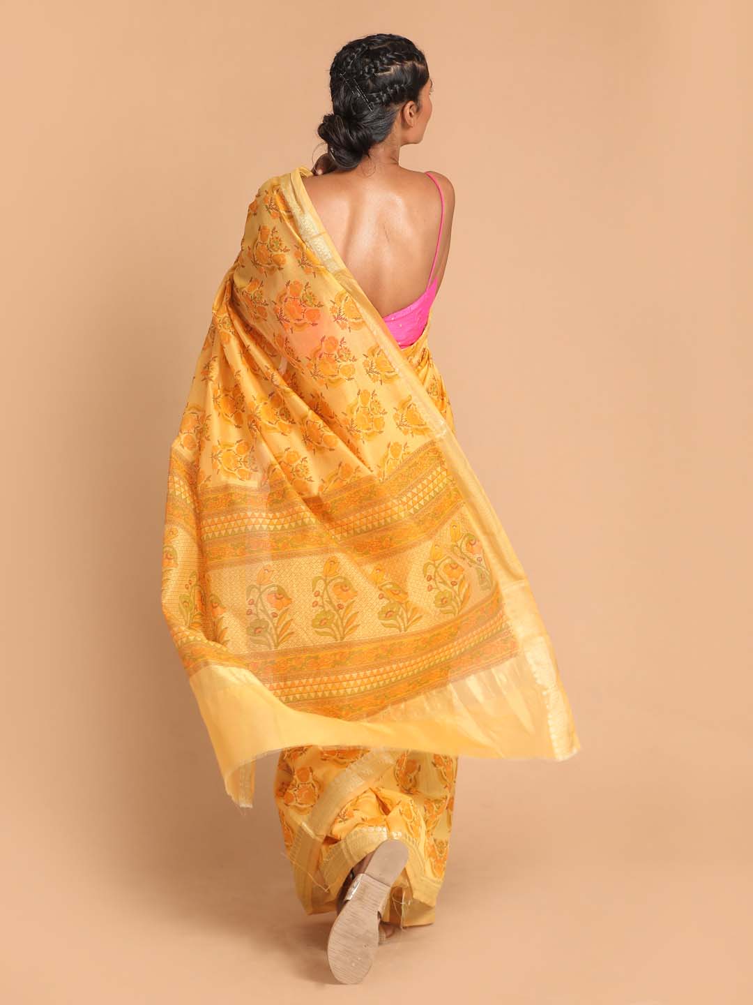 Indethnic Printed Cotton Blend Saree in Yellow - View 3
