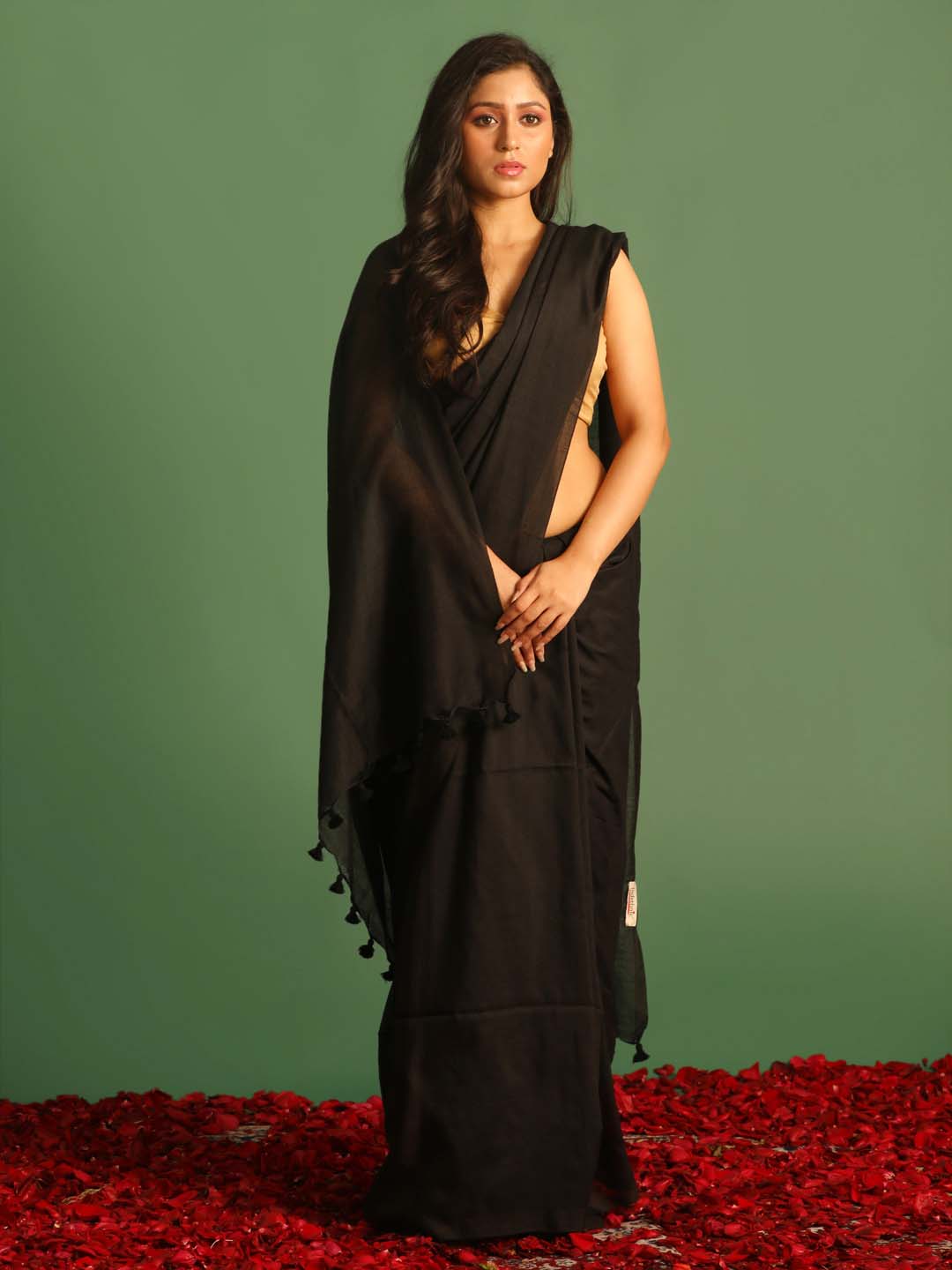 Indethnic Black Cotton Blend Solid Design Sarees - View 1