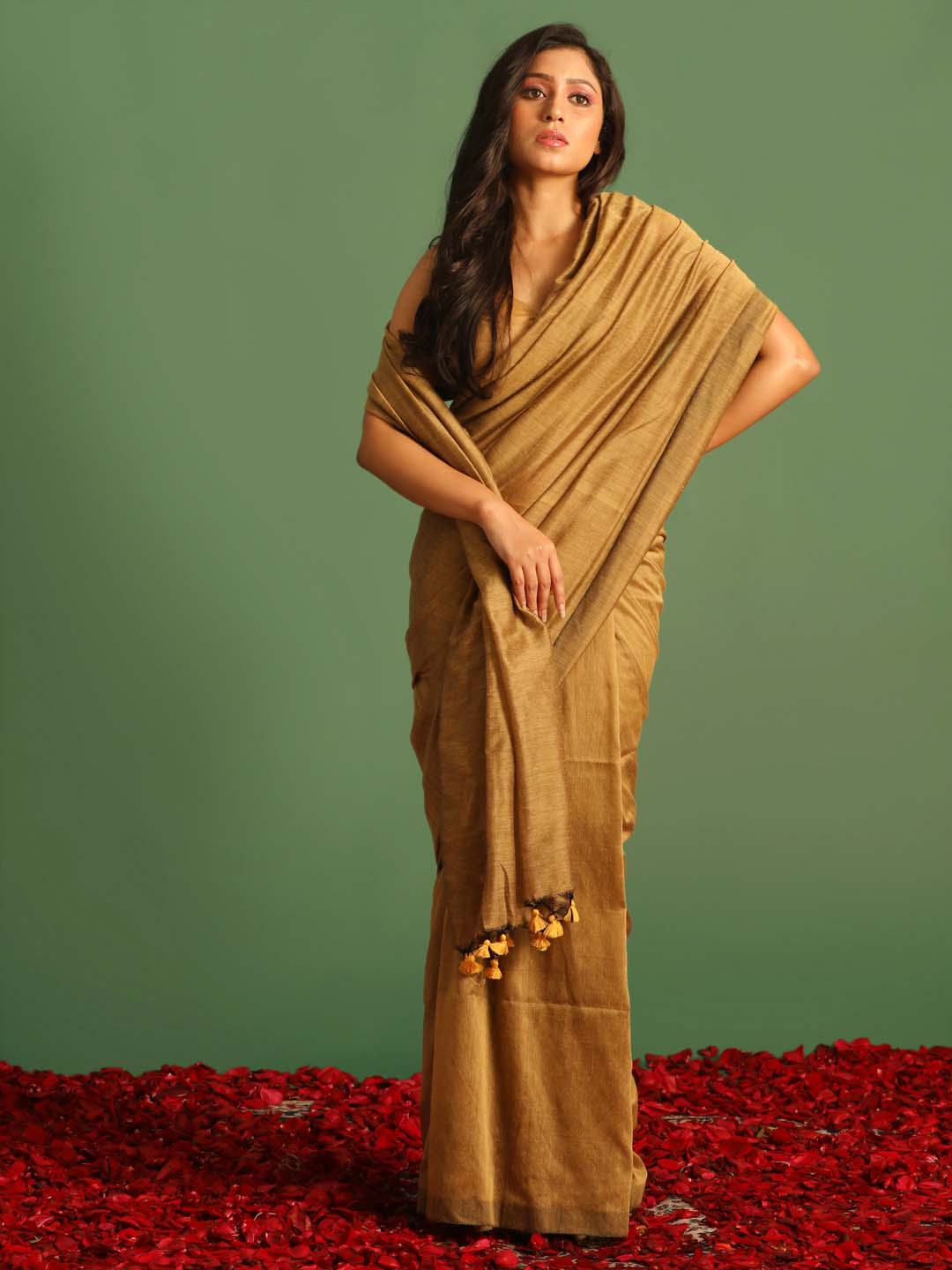 Indethnic Beige Cotton Blend Solid Design Sarees - View 1