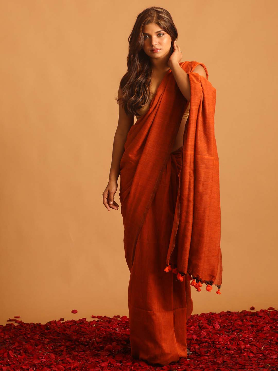 Indethnic Orange Cotton Blend Solid Design Sarees - View 1
