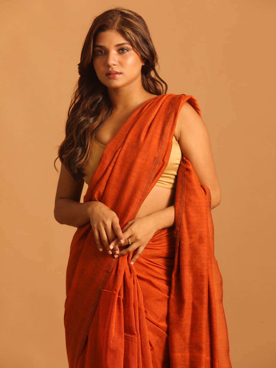 Indethnic Orange Cotton Blend Solid Design Sarees - View 3