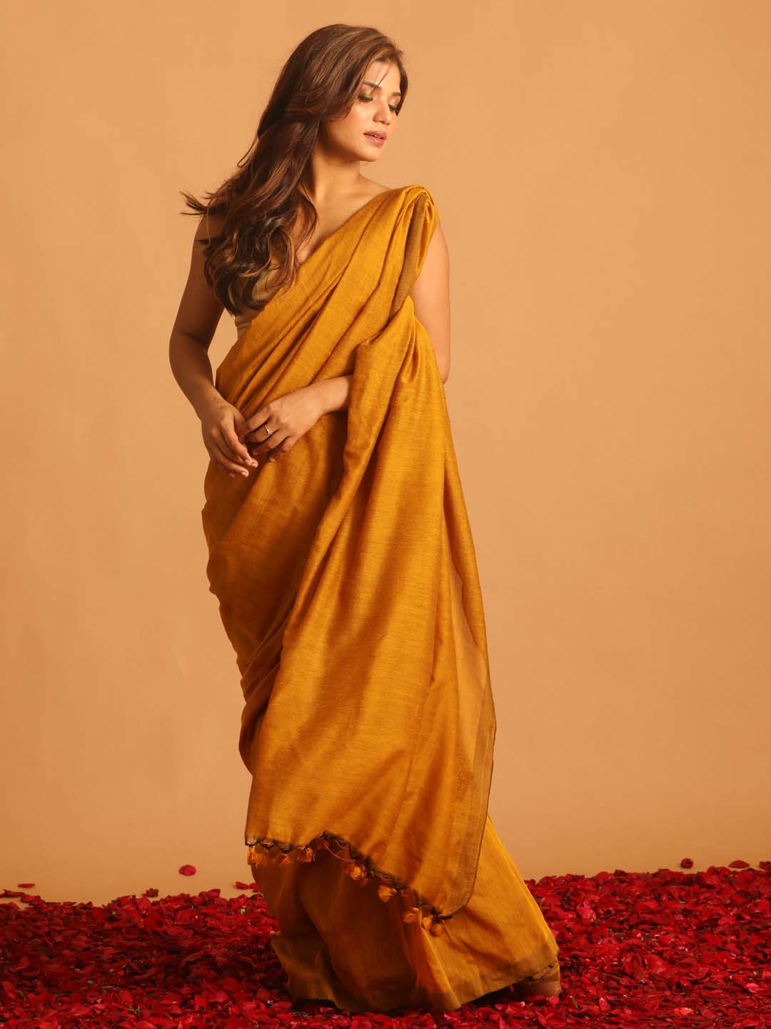 Indethnic Yellow Cotton Blend Solid Design Sarees - View 1