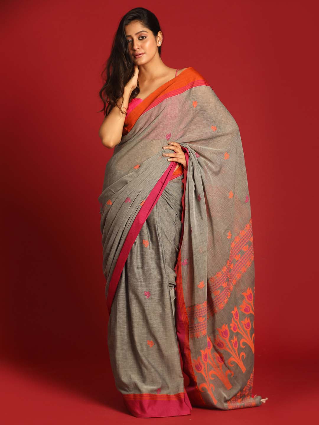 Indethnic Grey Pure Cotton Ethnic Motifs Design Jamdani - View 1