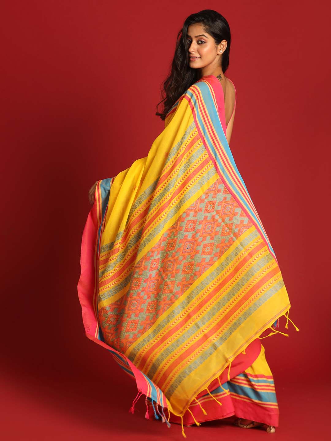 Indethnic Yellow Pure Cotton Ethnic Motifs Design Jamdani - View 3