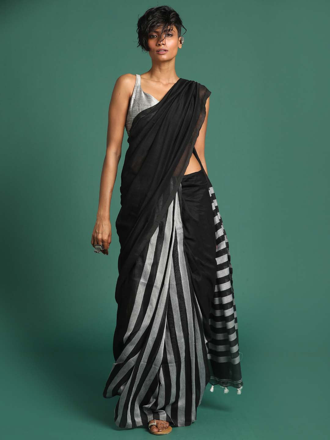 Indethnic Black Saree with Grey Striped Pleats and Pallu - View 1