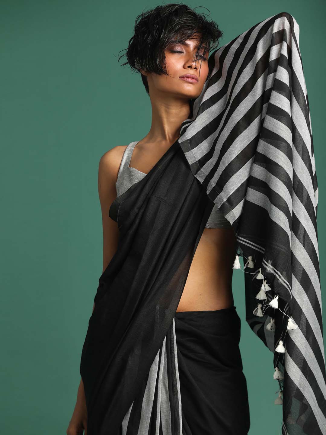 Indethnic Black Saree with Grey Striped Pleats and Pallu - View 2