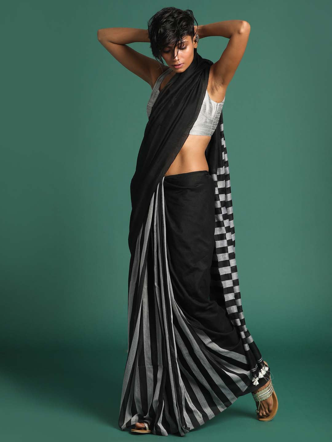 Indethnic Black Saree with Grey Striped Pleats and Pallu - View 3