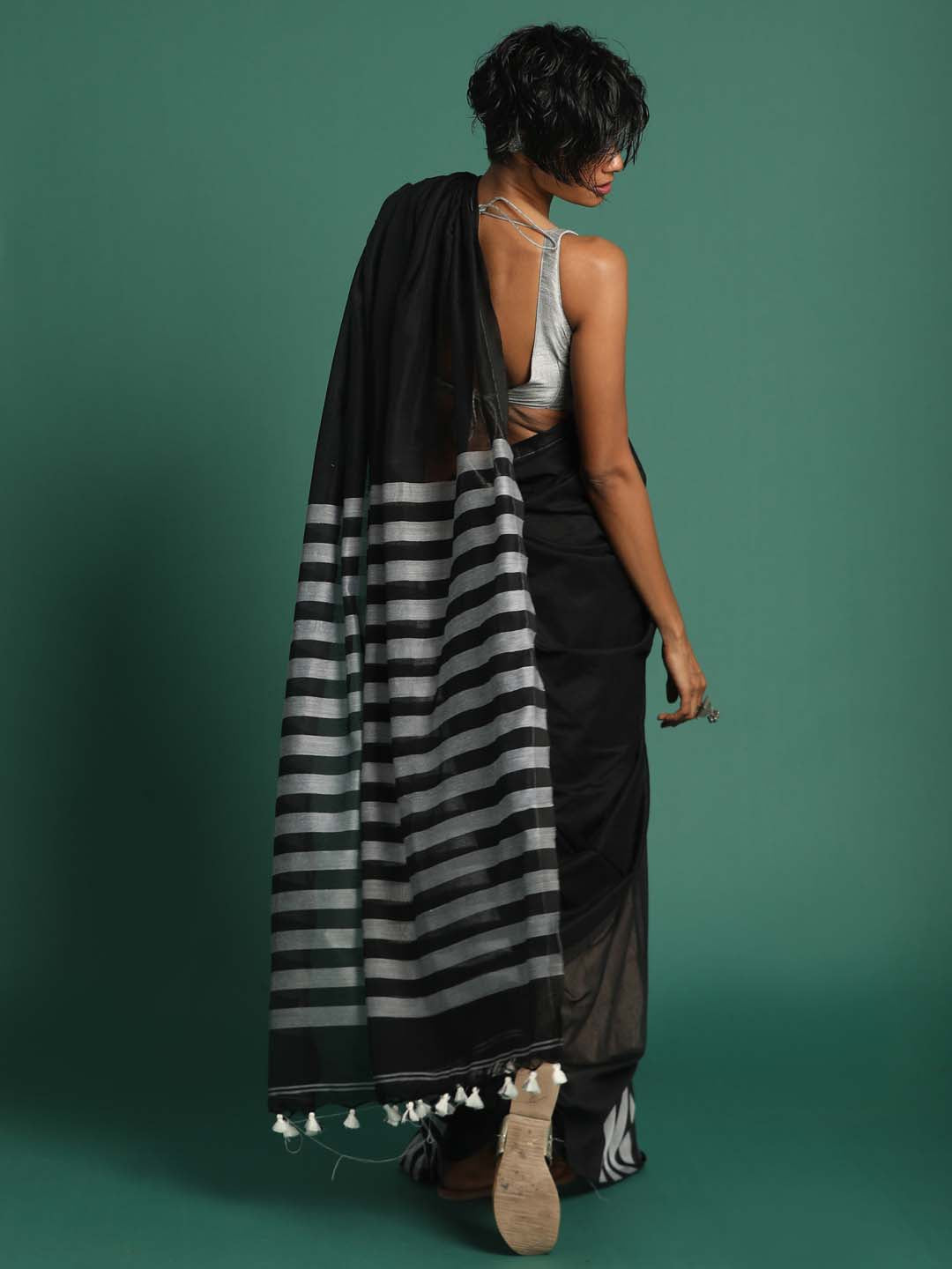 Indethnic Black Saree with Grey Striped Pleats and Pallu - View 3