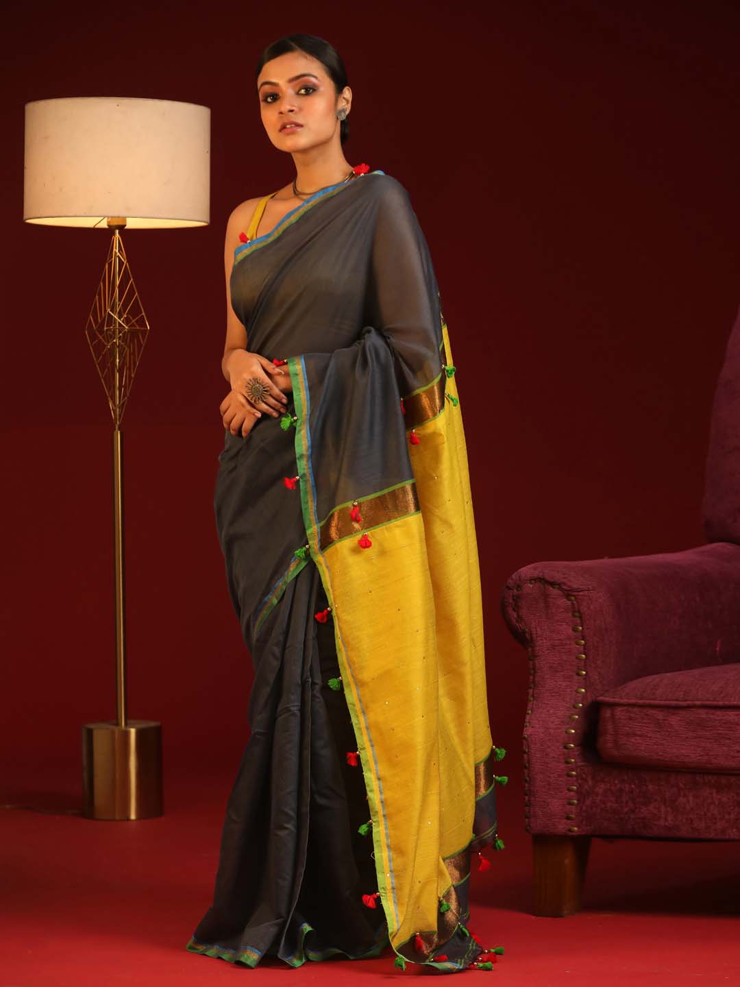 Indethnic Grey and Black Solid Colour Blocked Saree with Tassles - View 1