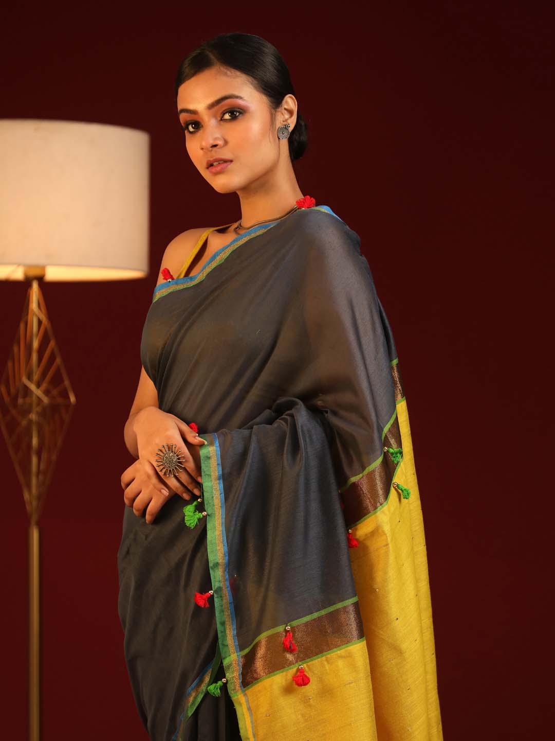 Indethnic Grey and Black Solid Colour Blocked Saree with Tassles - View 2