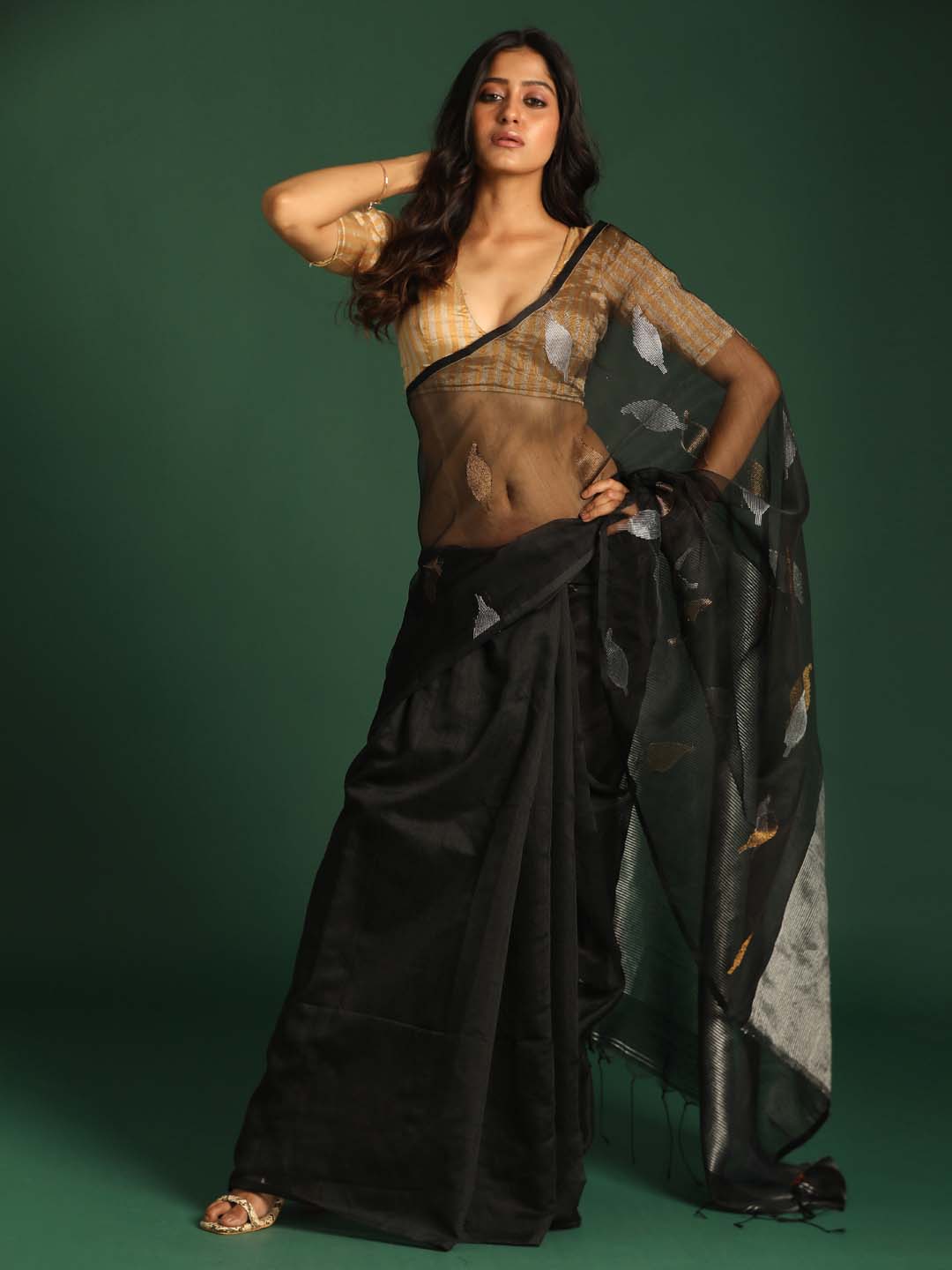 Indethnic Black Half and Half Tissue Pallu Saree - View 1