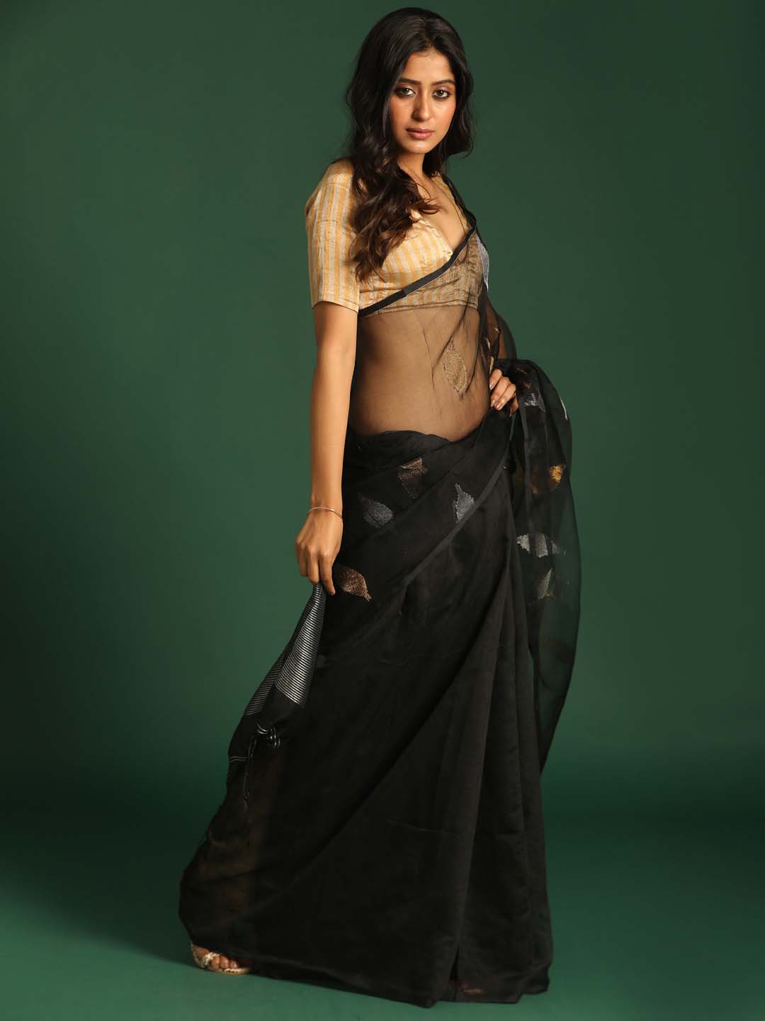 Indethnic Black Half and Half Tissue Pallu Saree - View 2