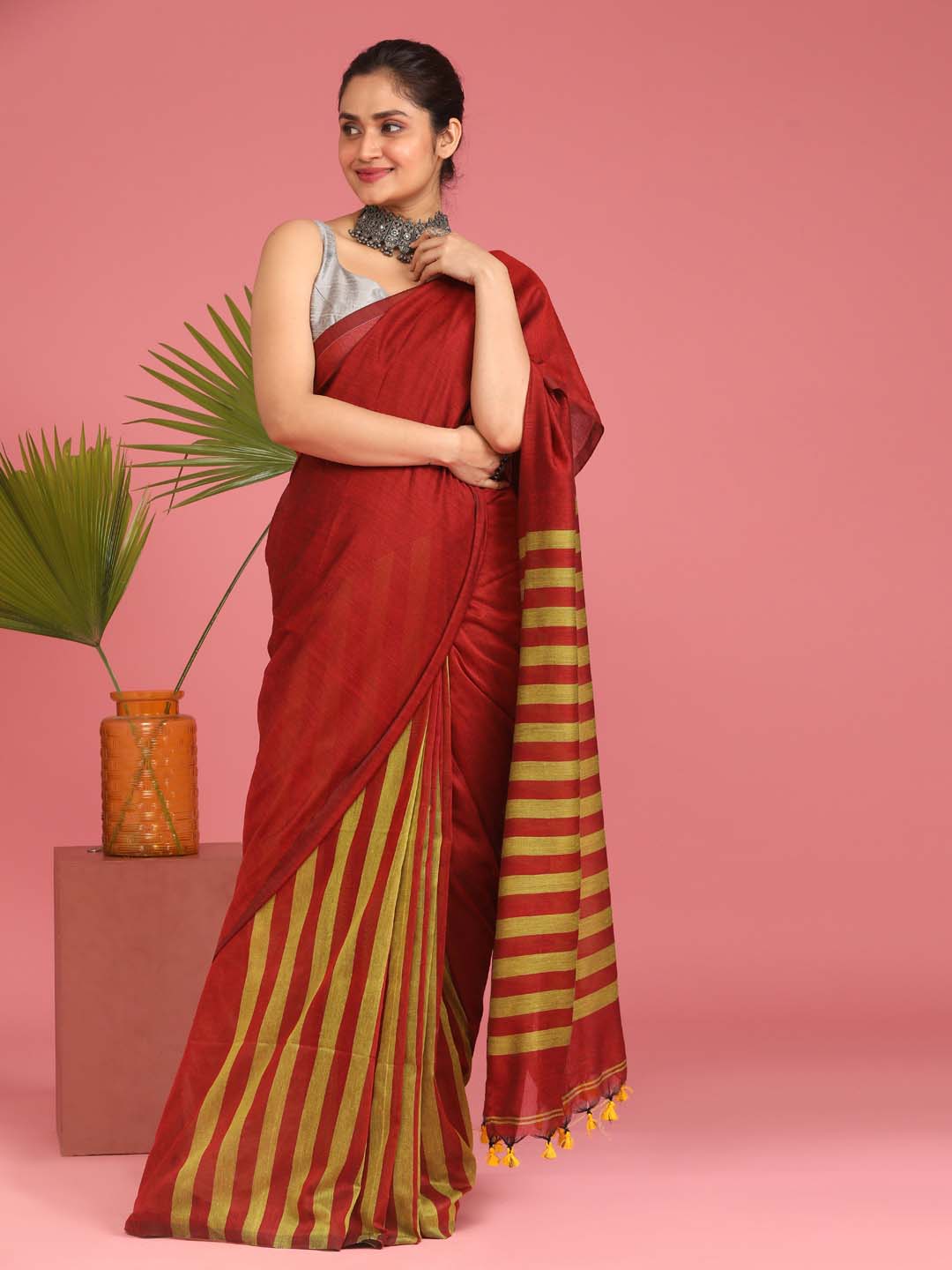 Indethnic Red Saree with Olive Striped Pleasts and Pallu - View 1