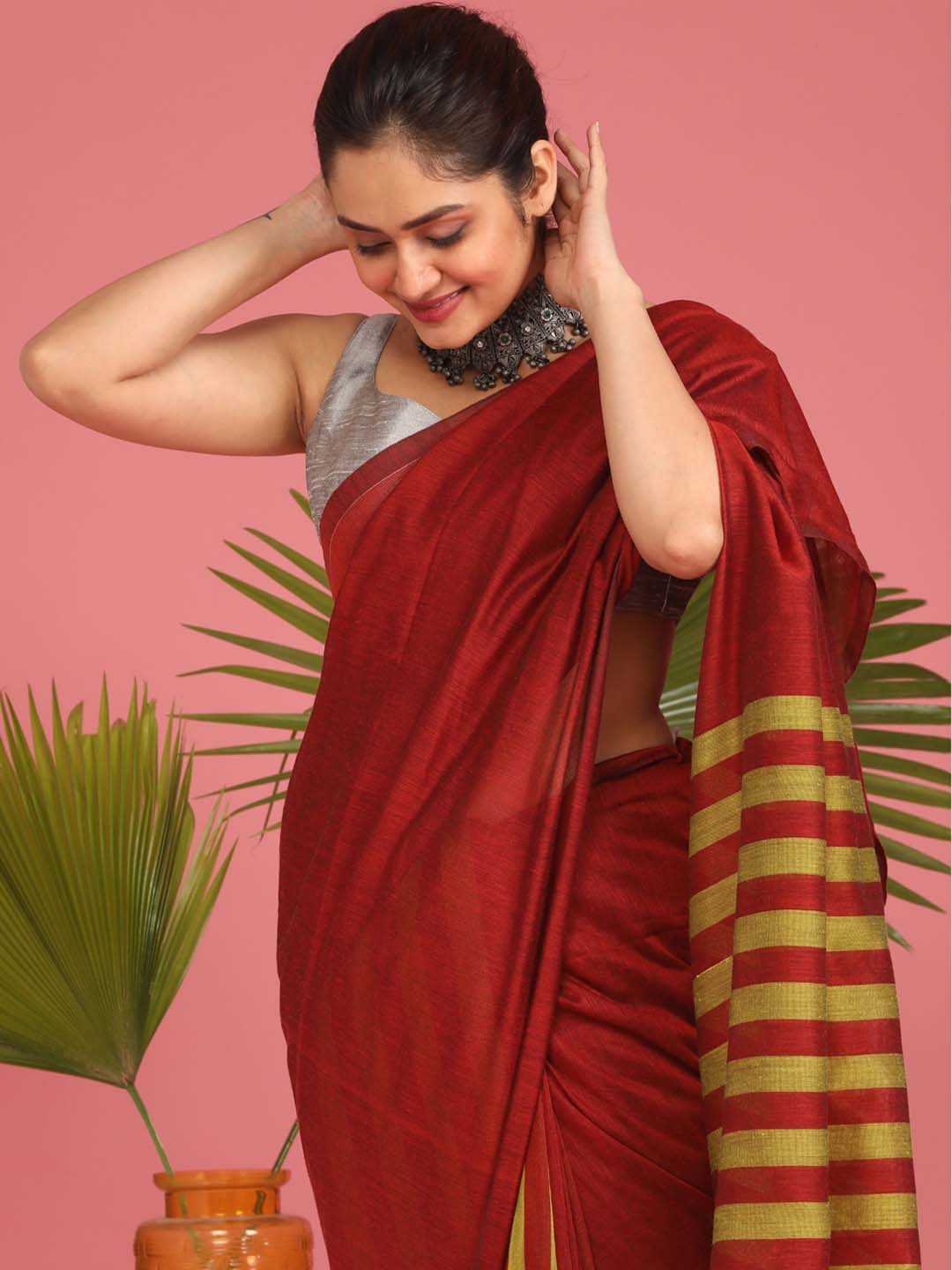 Indethnic Red Saree with Olive Striped Pleasts and Pallu - View 2