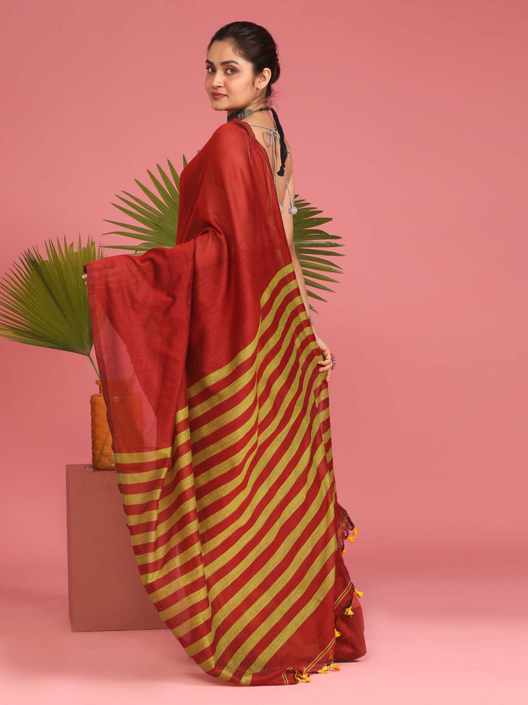 Indethnic Red Saree with Olive Striped Pleasts and Pallu - View 3