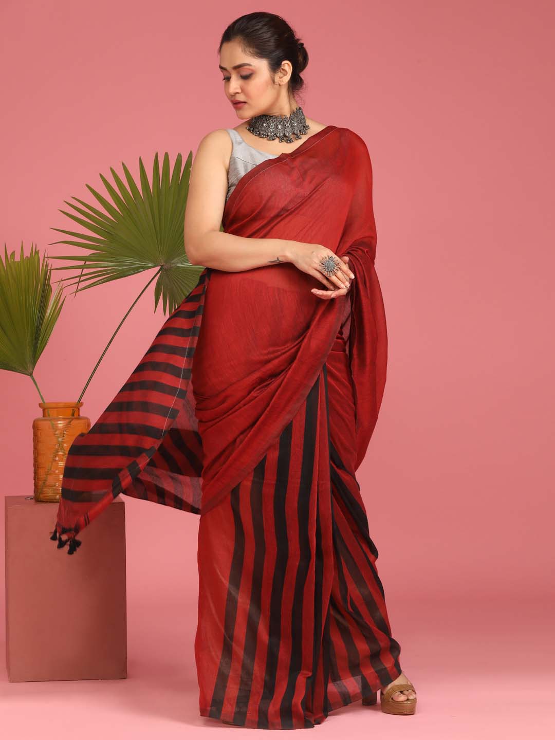 Indethnic Red Saree with Black Striped Pleasts and Pallu - View 1