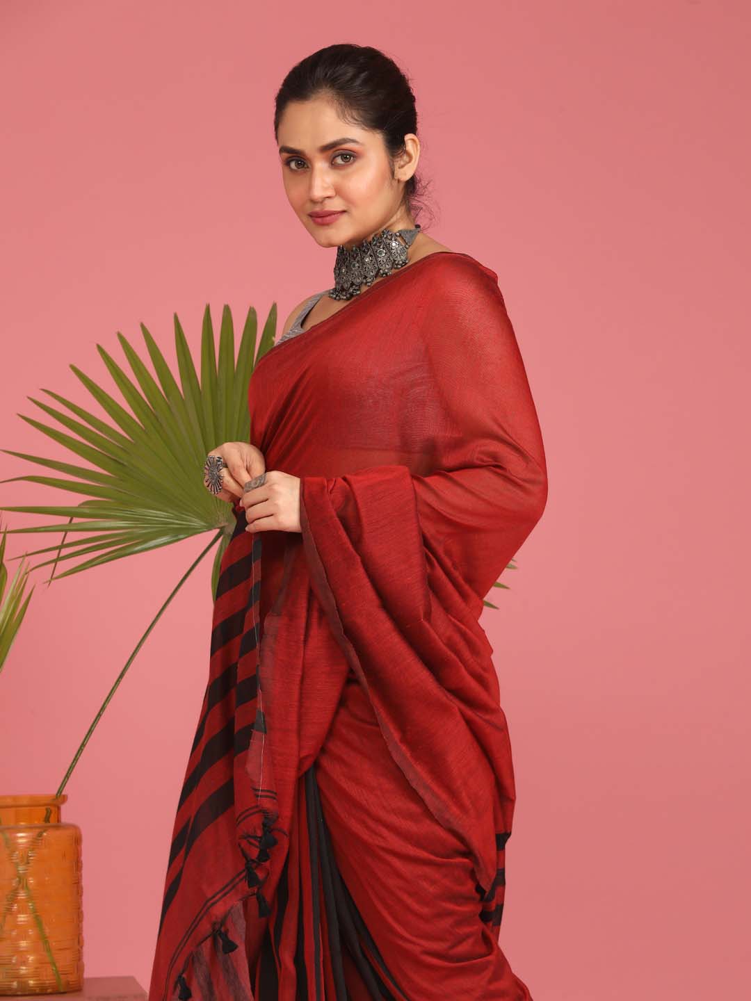 Indethnic Red Saree with Black Striped Pleasts and Pallu - View 2