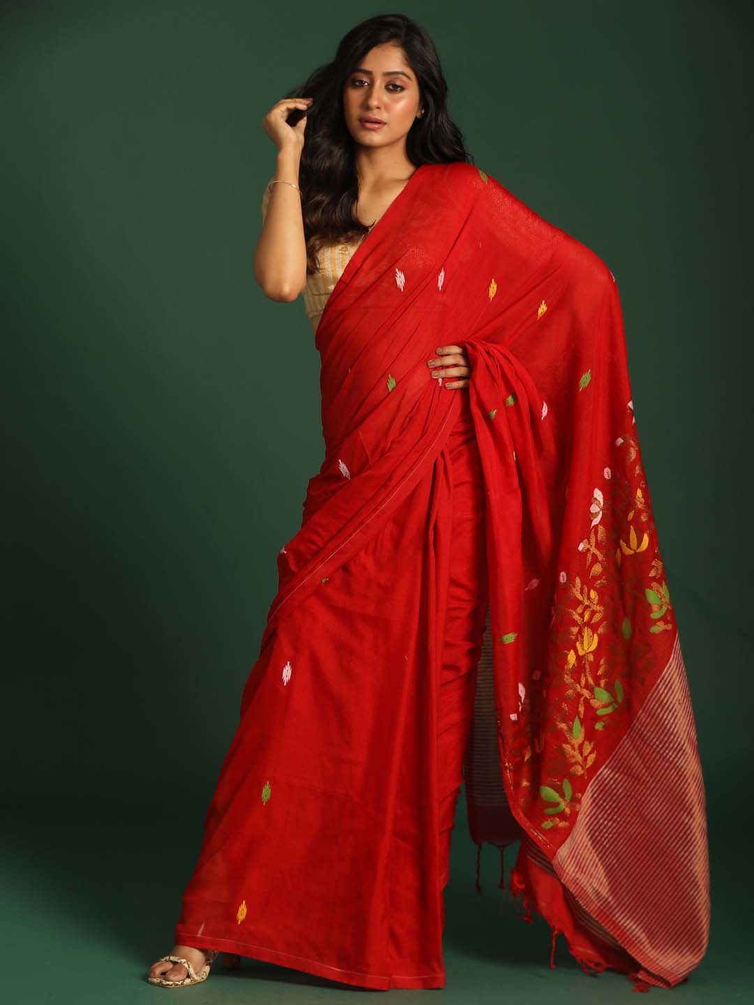 Indethnic Red Cotton Blend Ethnic Motifs Design Jamdani - View 1