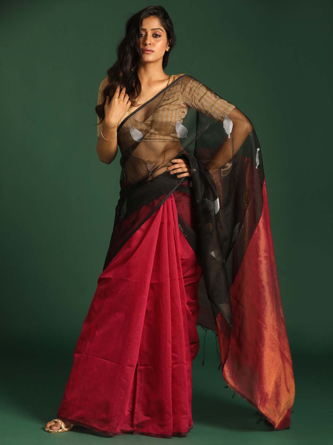 Indethnic Black and Red Half and Half Tissue Pallu Saree - View 2