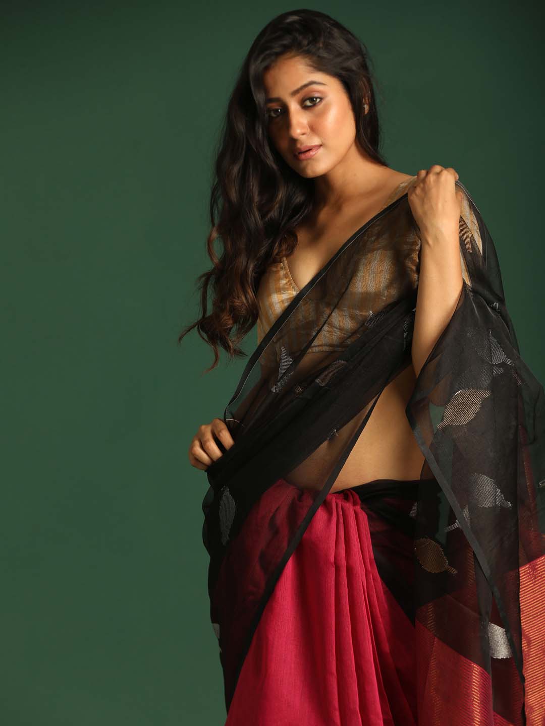 Indethnic Black and Red Half and Half Tissue Pallu Saree - View 3