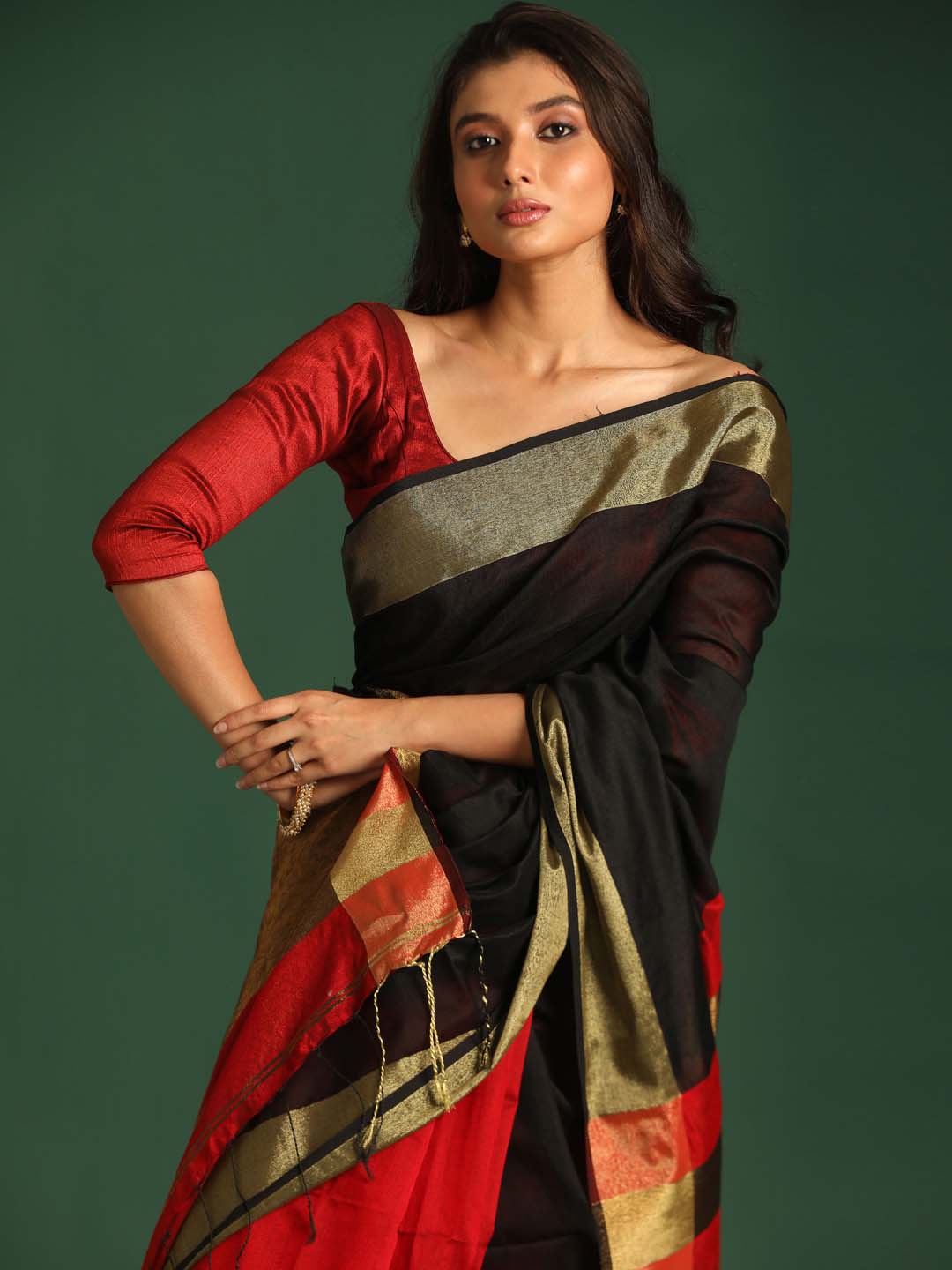 Indethnic Red Cotton Blend Colour Blocked Design Jamdani - View 3