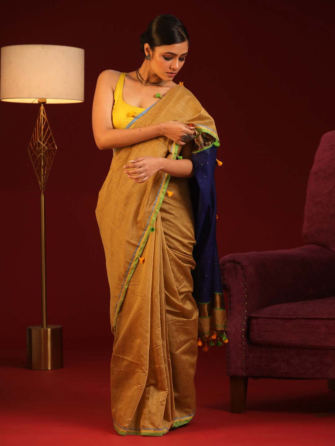 Indethnic Olive and Black Solid Colour Blocked Saree with Tassles - View 1