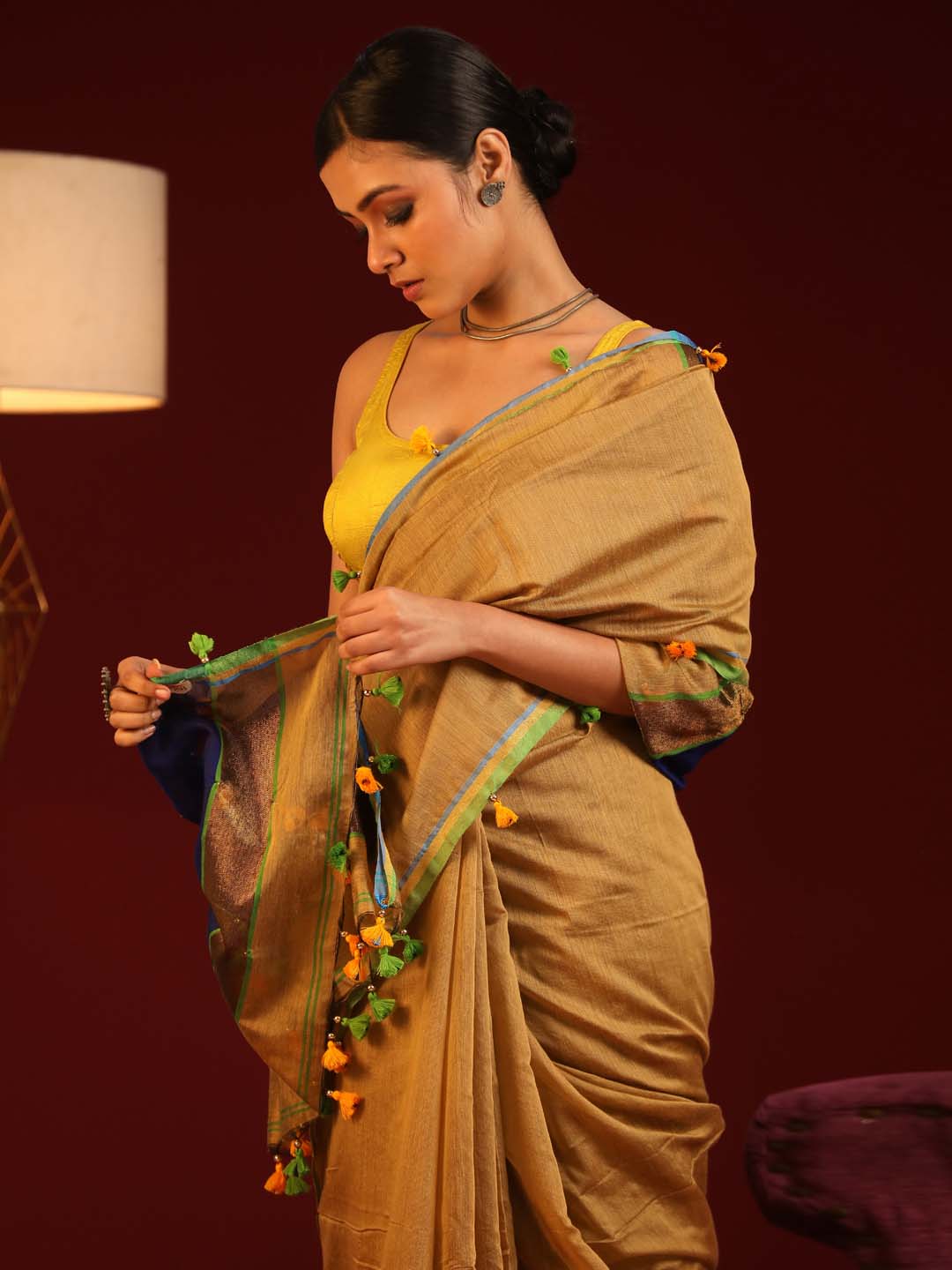 Indethnic Olive and Black Solid Colour Blocked Saree with Tassles - View 2