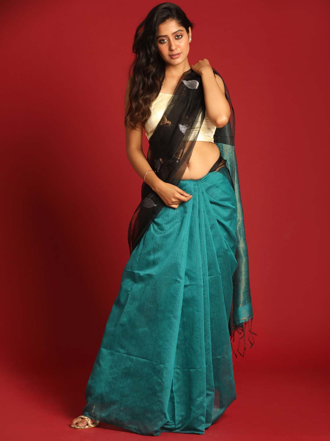 Indethnic Black and Blue Half and Half Tissue Pallu Saree - View 1