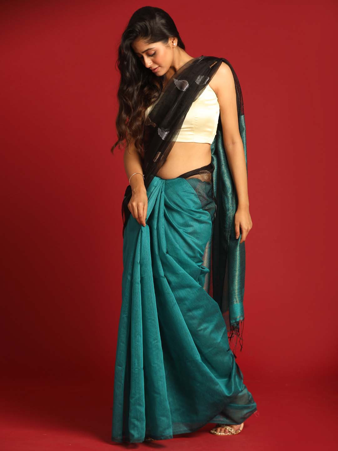 Indethnic Black and Blue Half and Half Tissue Pallu Saree - View 2