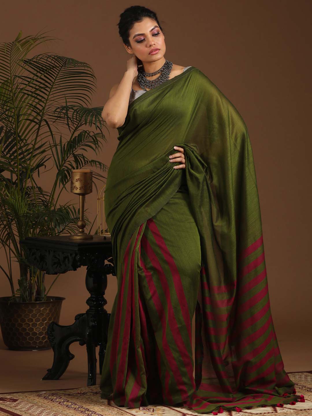 Indethnic Green Saree with Pink Striped Pleats and Pallu - View 1