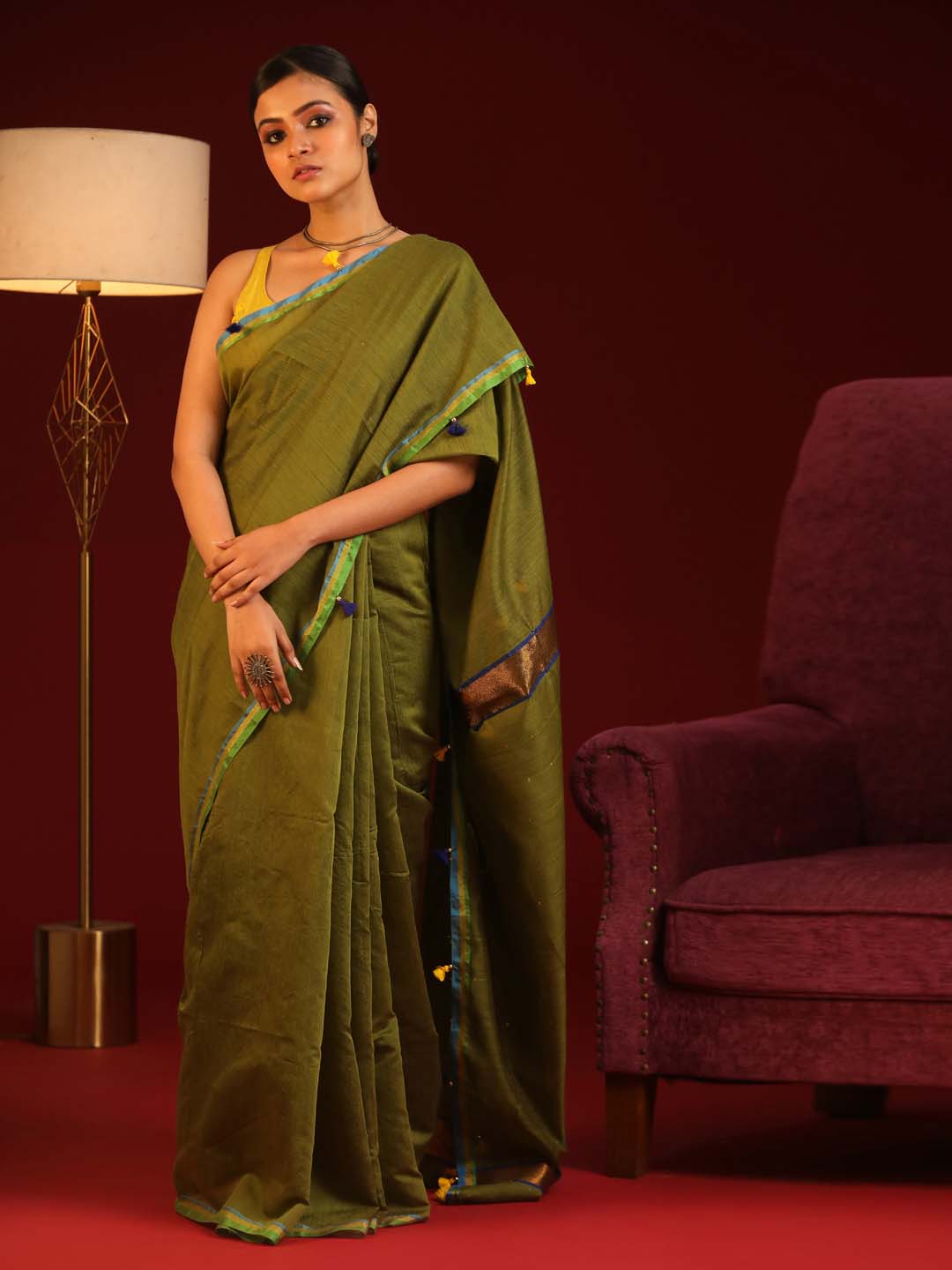 Indethnic Maroon and Green Solid Colour Blocked Saree with Tassles - View 1