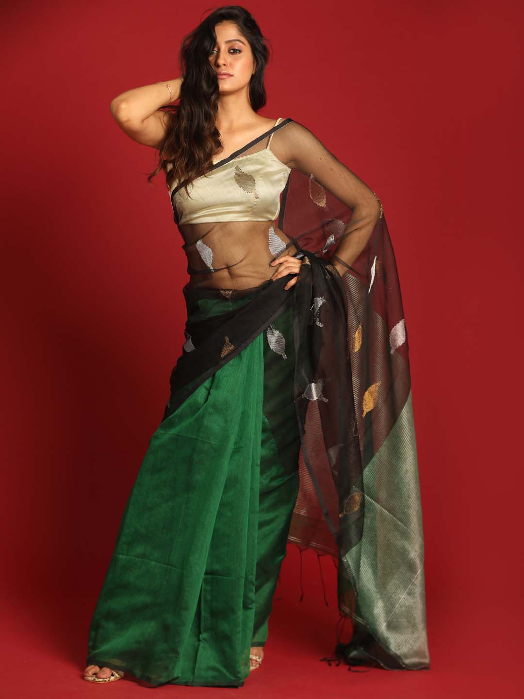 Indethnic Black and Green Half and Half Tissue Pallu Saree - View 1