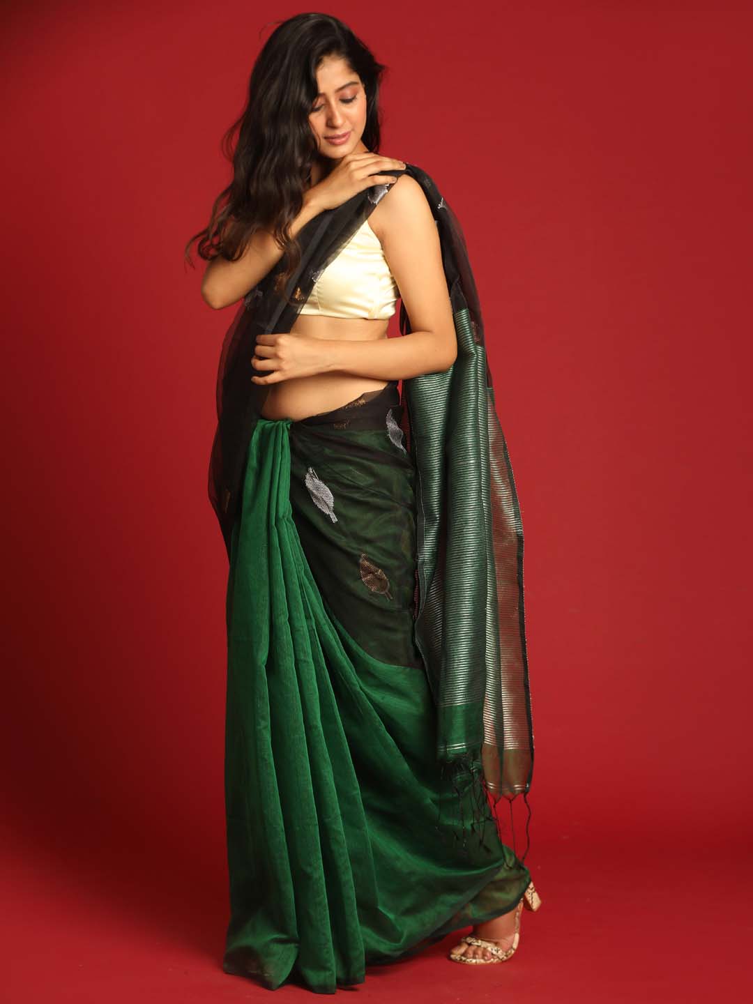 Indethnic Black and Green Half and Half Tissue Pallu Saree - View 2