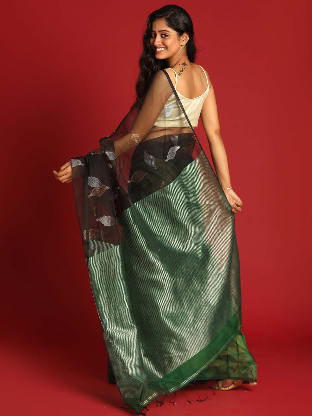 Indethnic Black and Green Half and Half Tissue Pallu Saree - View 3