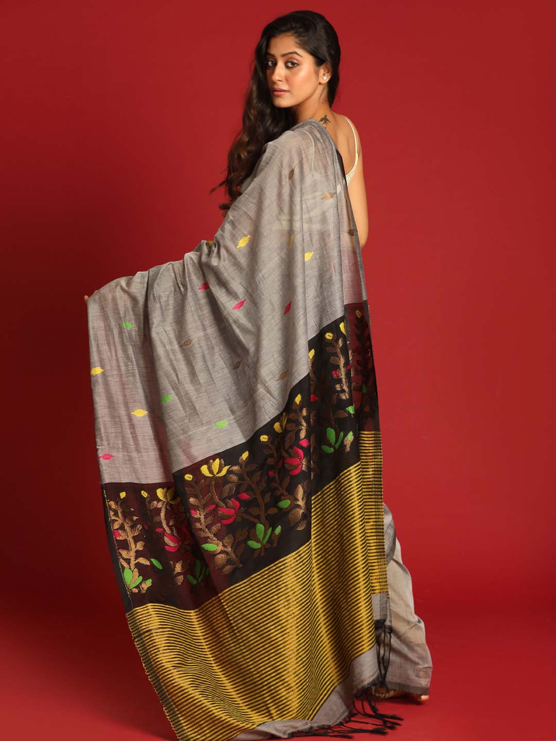 Indethnic Grey Cotton Blend Ethnic Motifs Design Jamdani - View 3