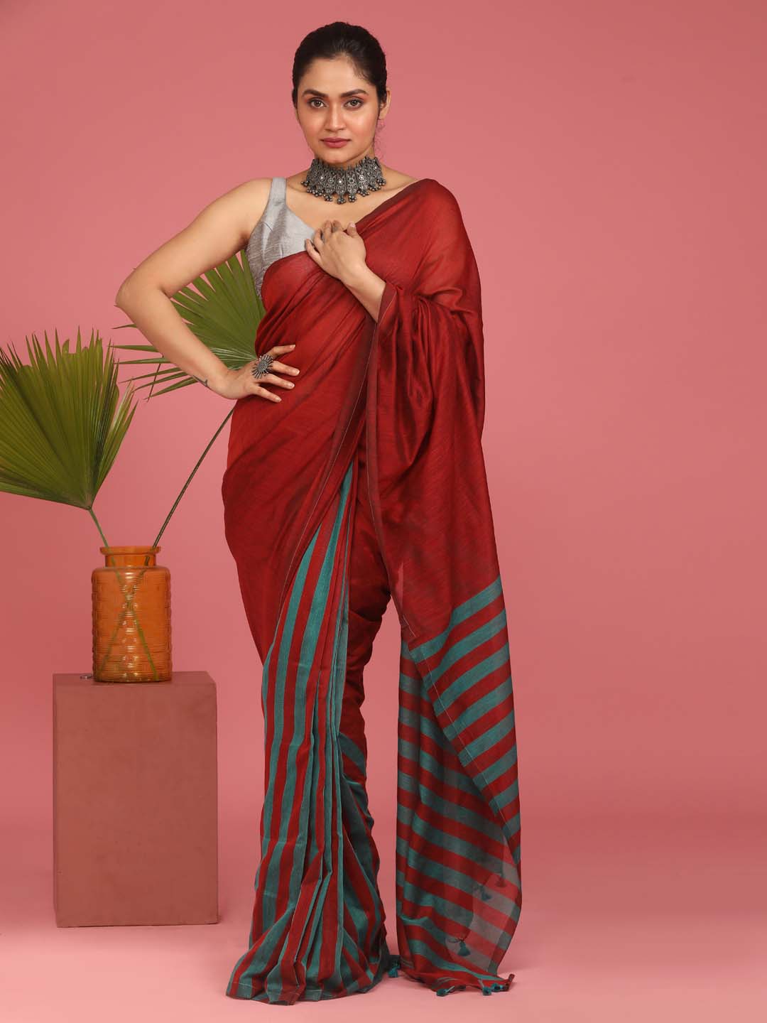 Indethnic Maroon Saree with Green Striped Pleats and Pallu - View 1