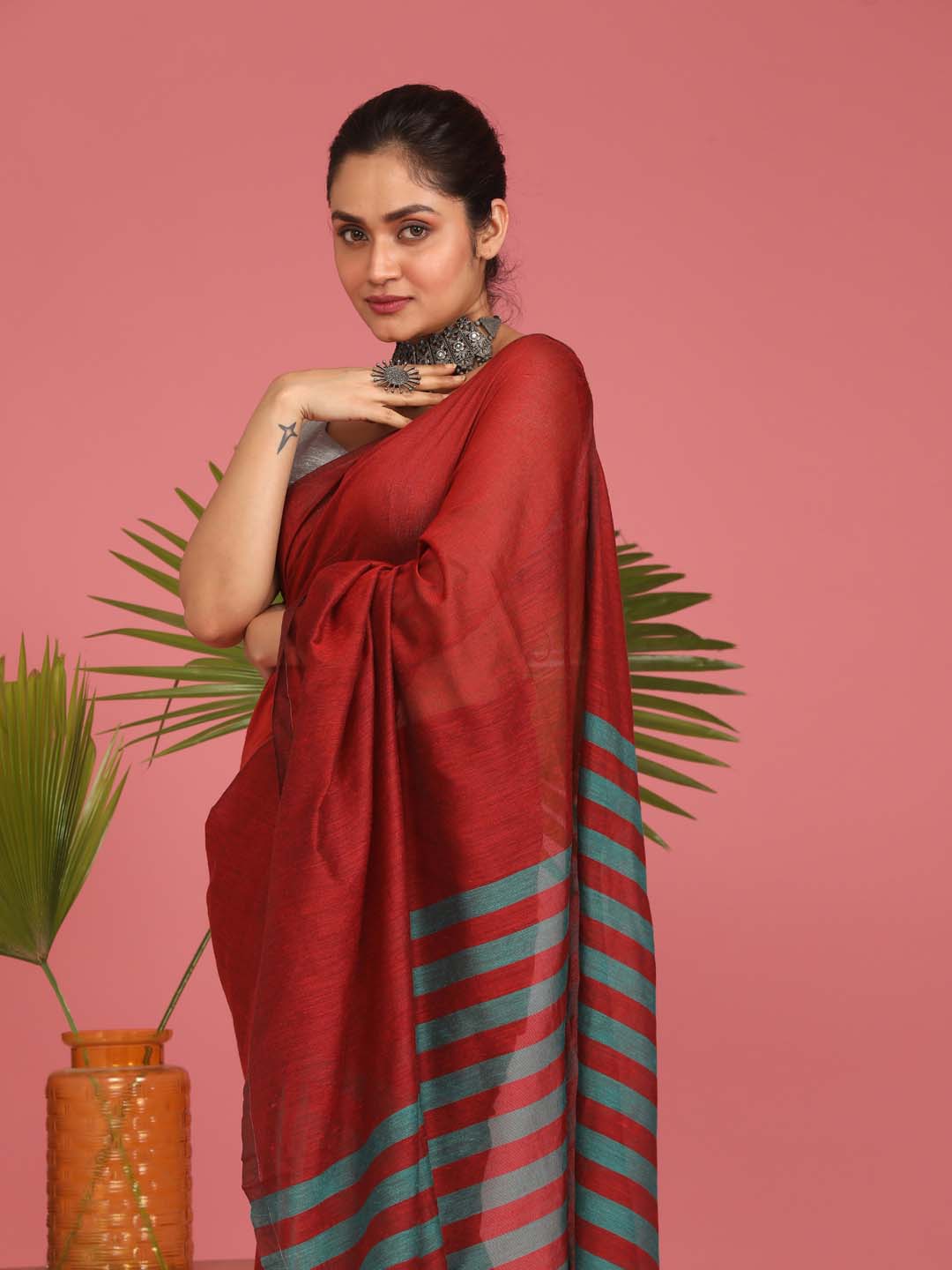 Indethnic Maroon Saree with Green Striped Pleats and Pallu - View 1