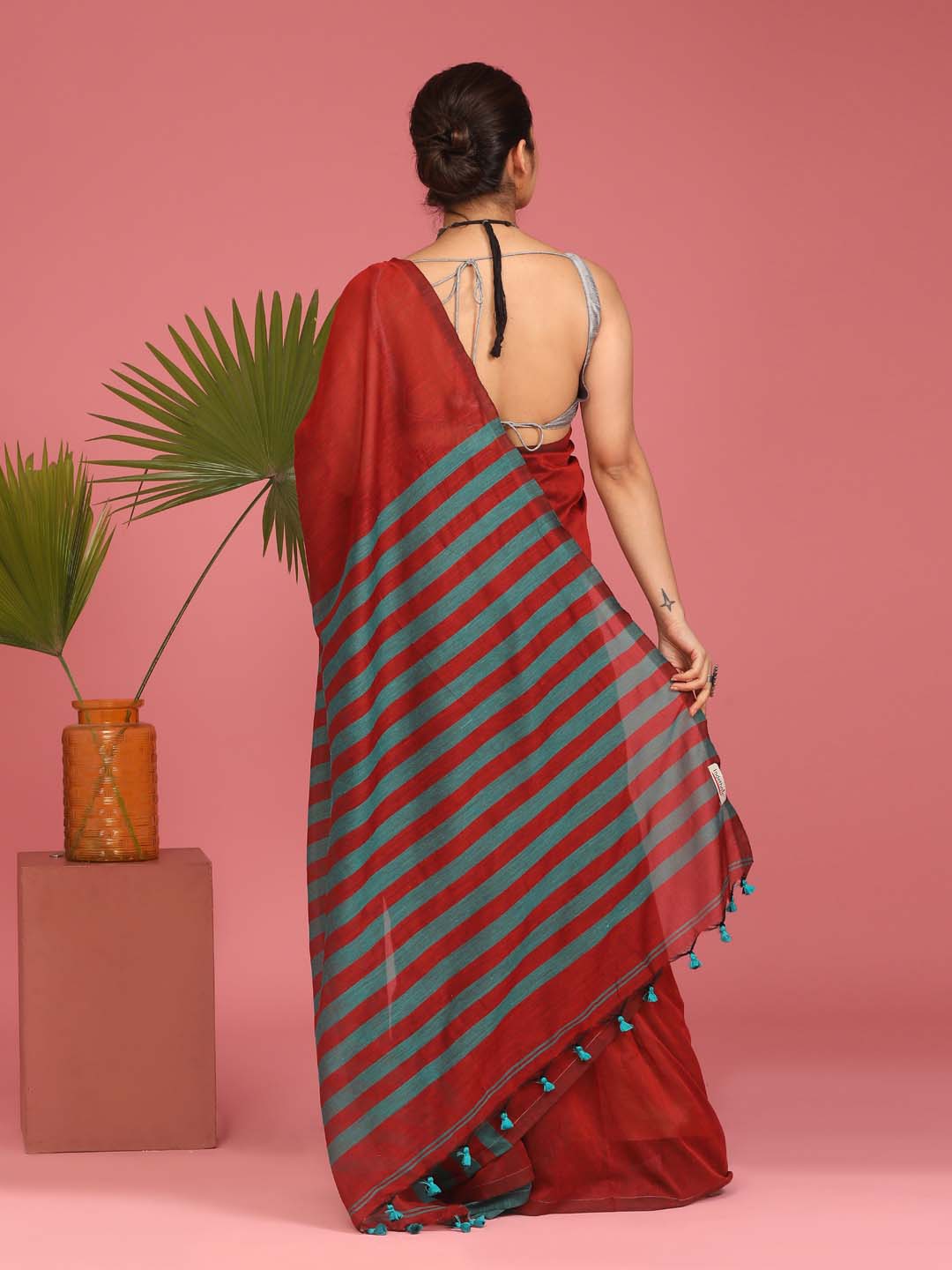 Indethnic Maroon Saree with Green Striped Pleats and Pallu - View 3