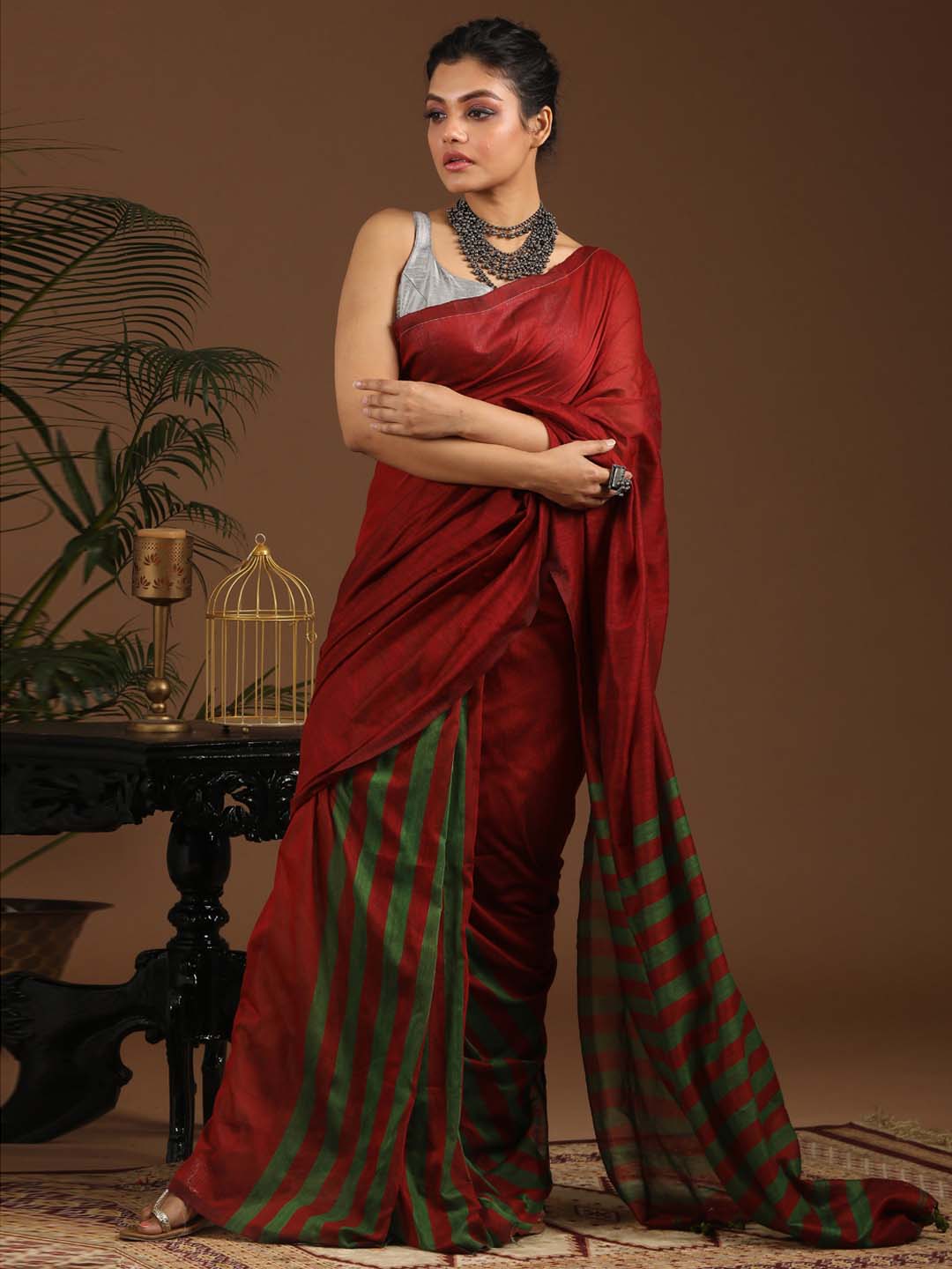 Indethnic Maroon Saree with Green Striped Pleats and Pallu - View 1