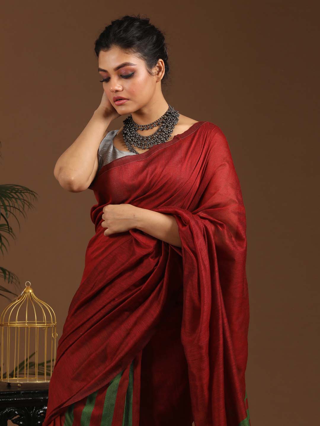 Indethnic Maroon Saree with Green Striped Pleats and Pallu - View 2