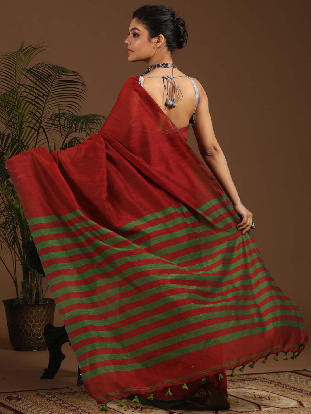 Indethnic Maroon Saree with Green Striped Pleats and Pallu - View 3