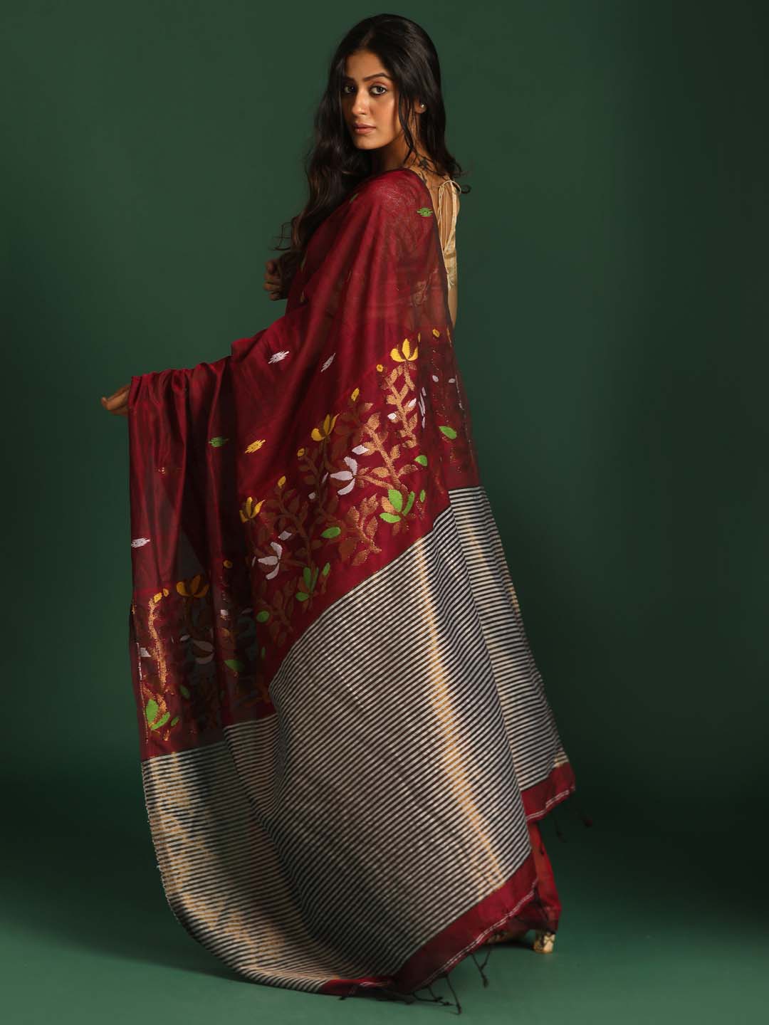 Indethnic Maroon Cotton Blend Ethnic Motifs Design Jamdani - View 3