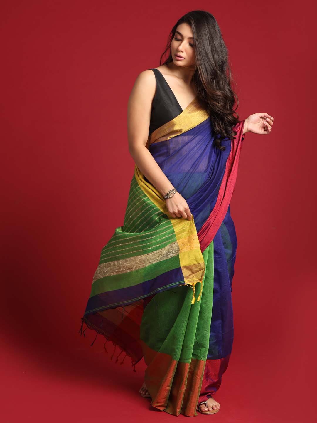 Indethnic Blue and Green Solid Colour Blocked Saree - View 1