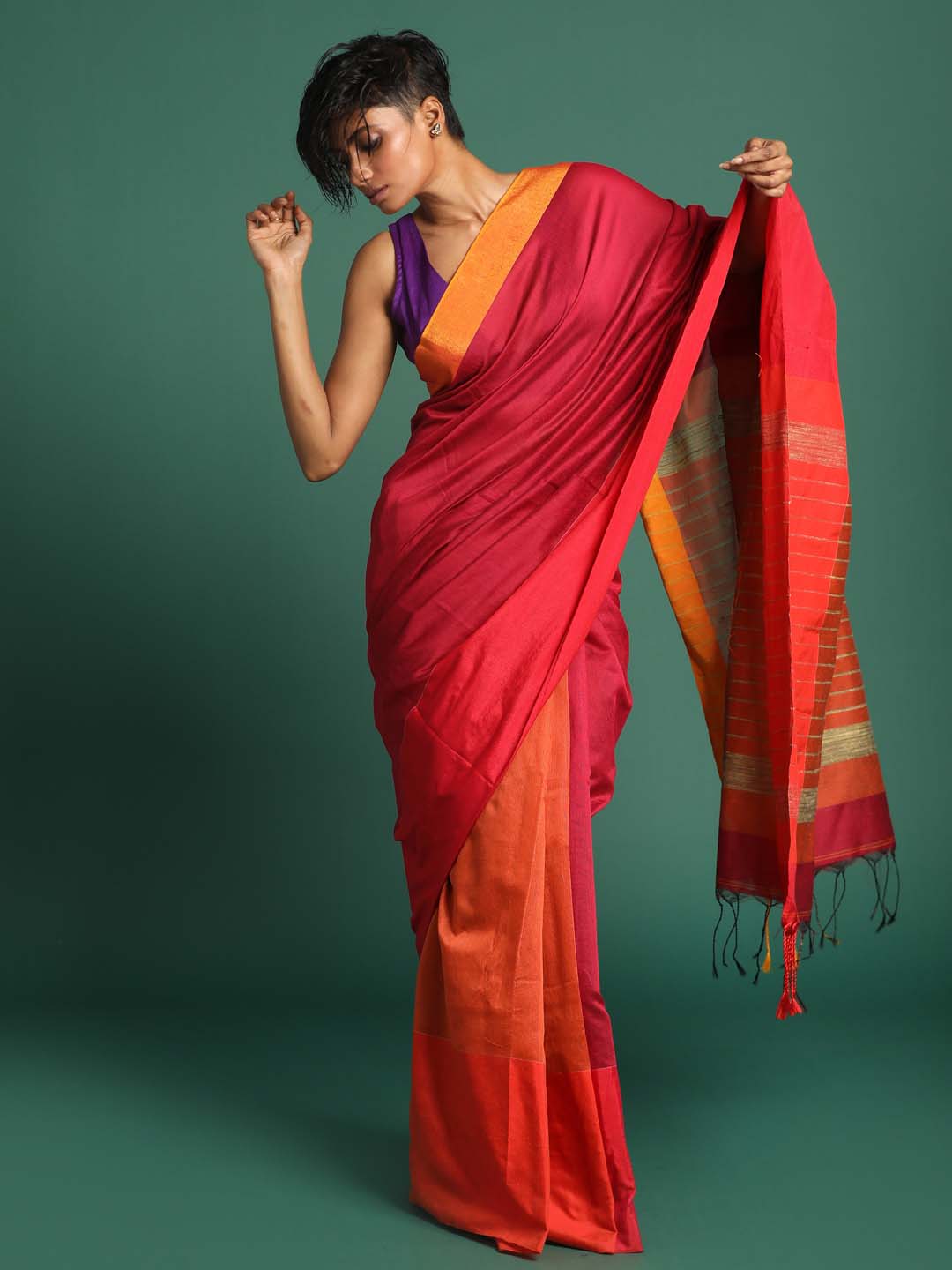 Indethnic Magenta and Orange Solid Colour Blocked Saree - View 1