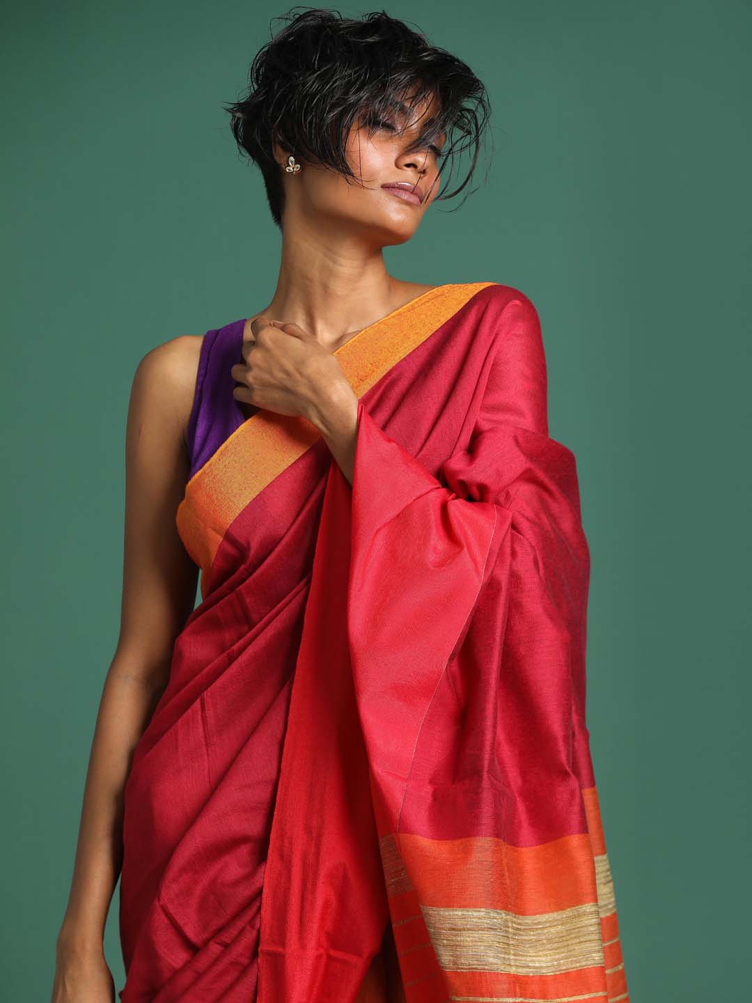 Indethnic Magenta and Orange Solid Colour Blocked Saree - View 2