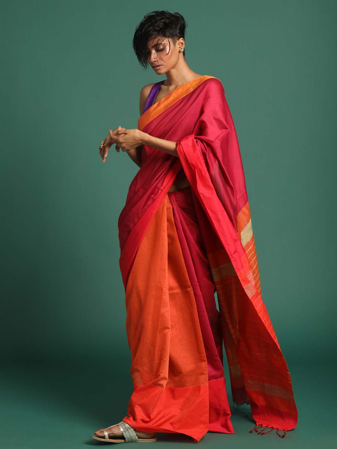 Indethnic Magenta and Orange Solid Colour Blocked Saree - View 3