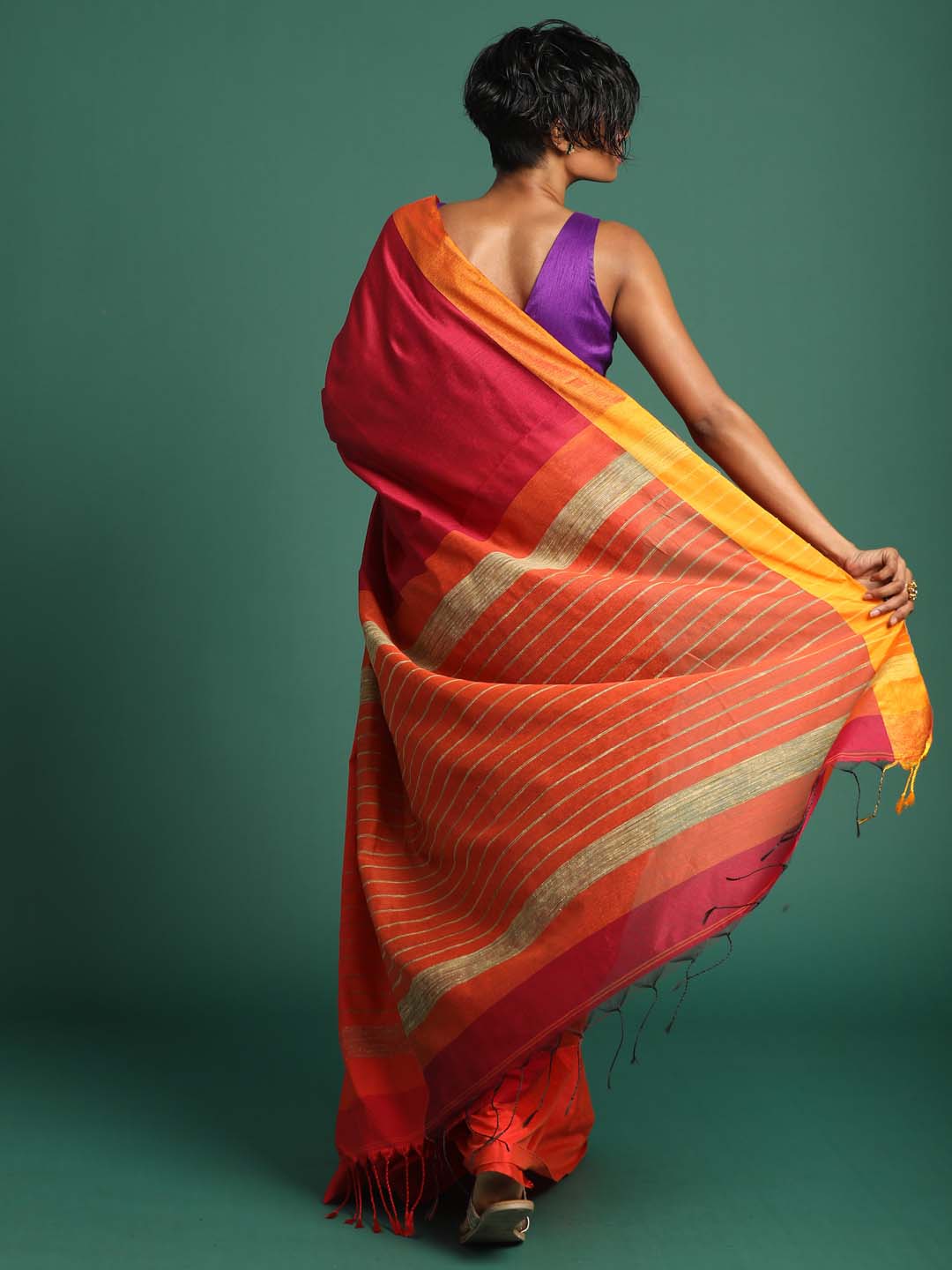 Indethnic Magenta and Orange Solid Colour Blocked Saree - View 3